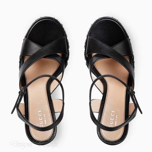 NEW GUCCI Janaya Interlocking G Studs Black Leather Platform Sandal 40.5 US 10.5 - Picture 3 of 15